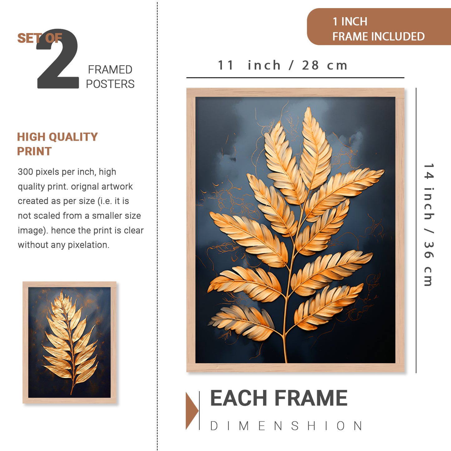 Premium Golden Leaf Wall Decor Paintings with Frame for Home Decoration