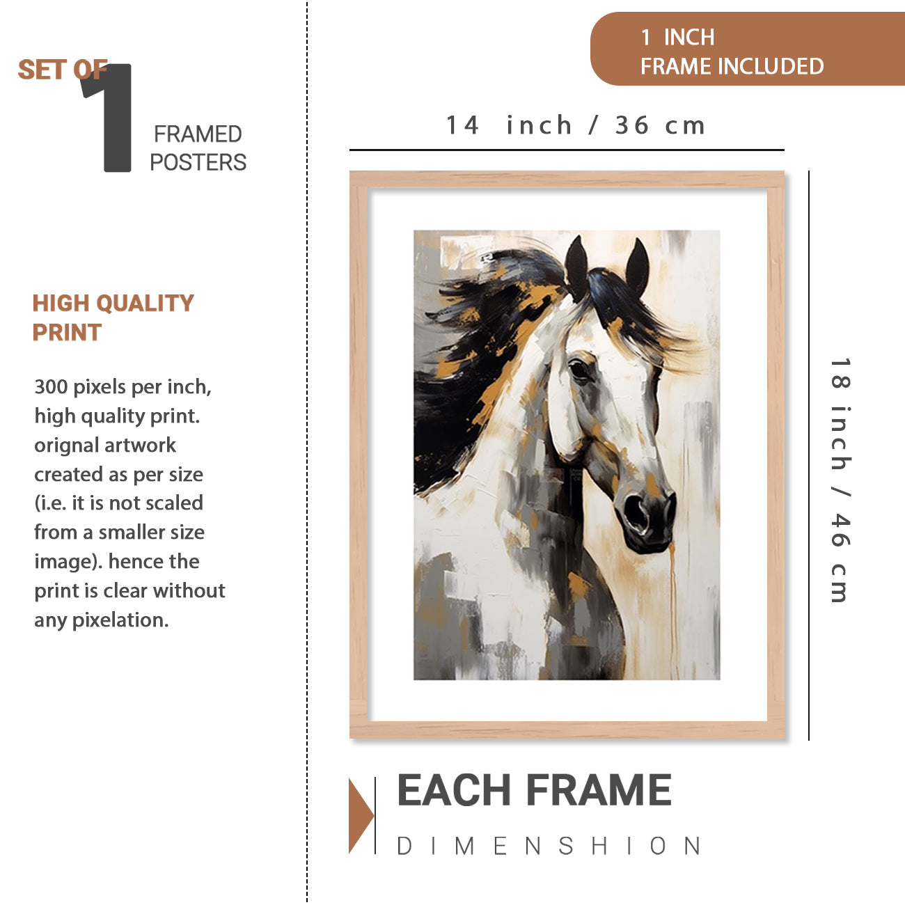 Horse Art Painting with Frame for Living Room Bedroom Office Wall Decor