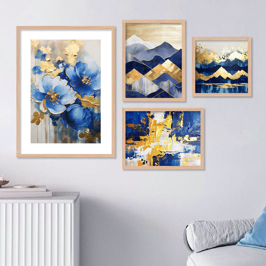 Aesthetic Blue Floral Modern Wall Decor Paintings with Frame for Home Decoration