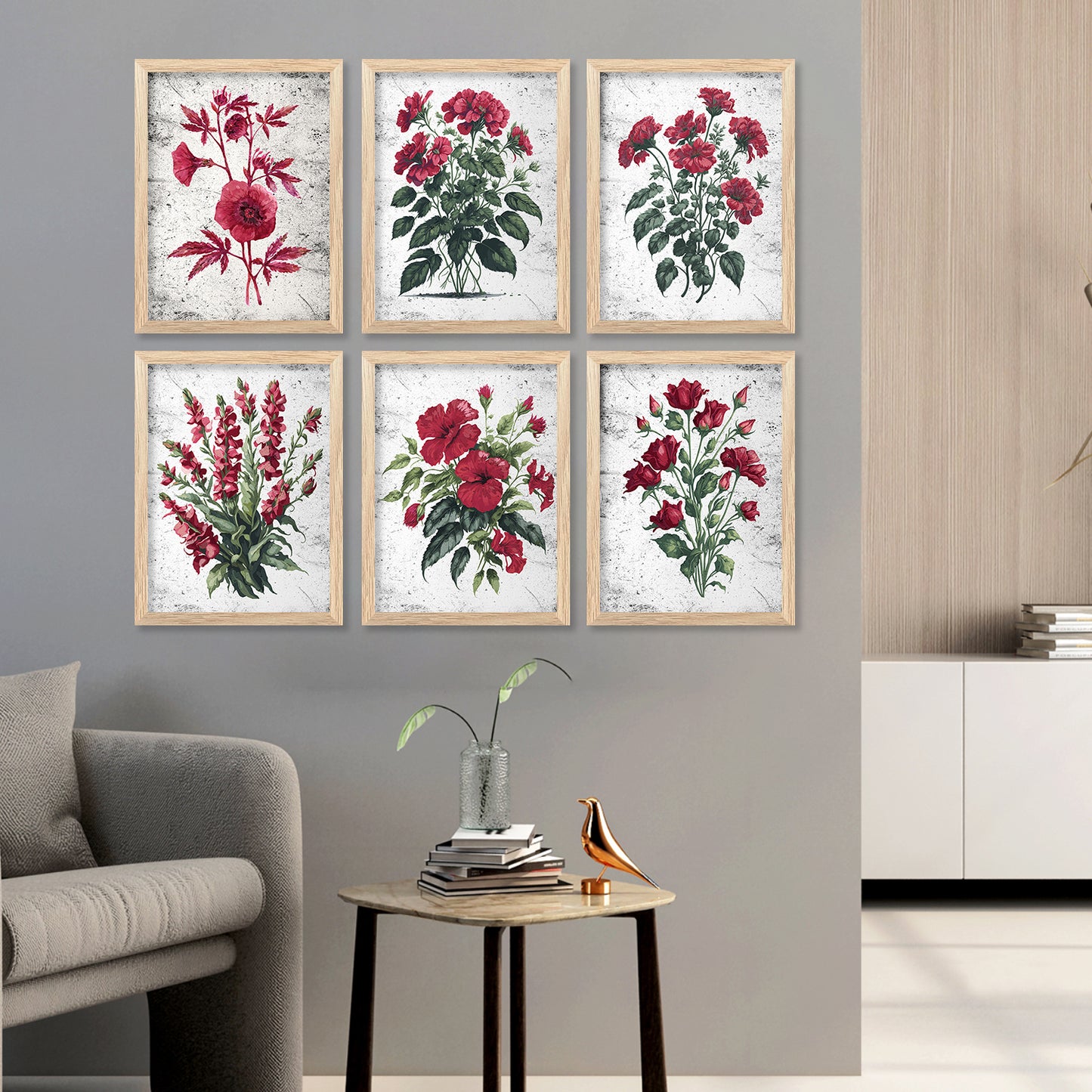 Floral Paintings with Frame for Home Living Room Bedroom and Office Wall Decor Set of 6