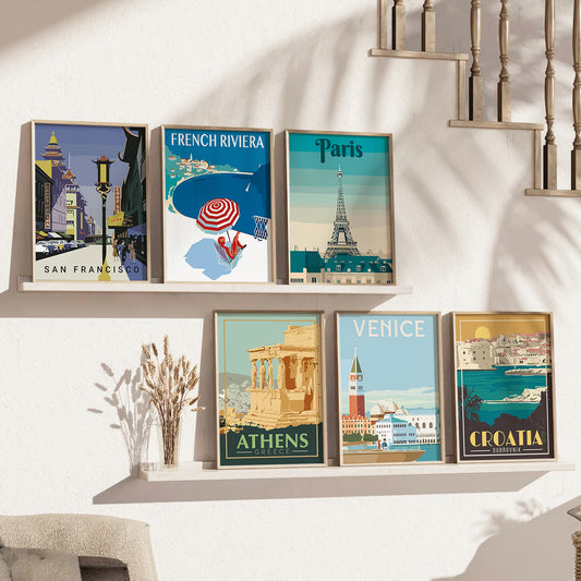 Travel Theme Iconic City View Retro Framed Posters for Wall Decor Set of 6