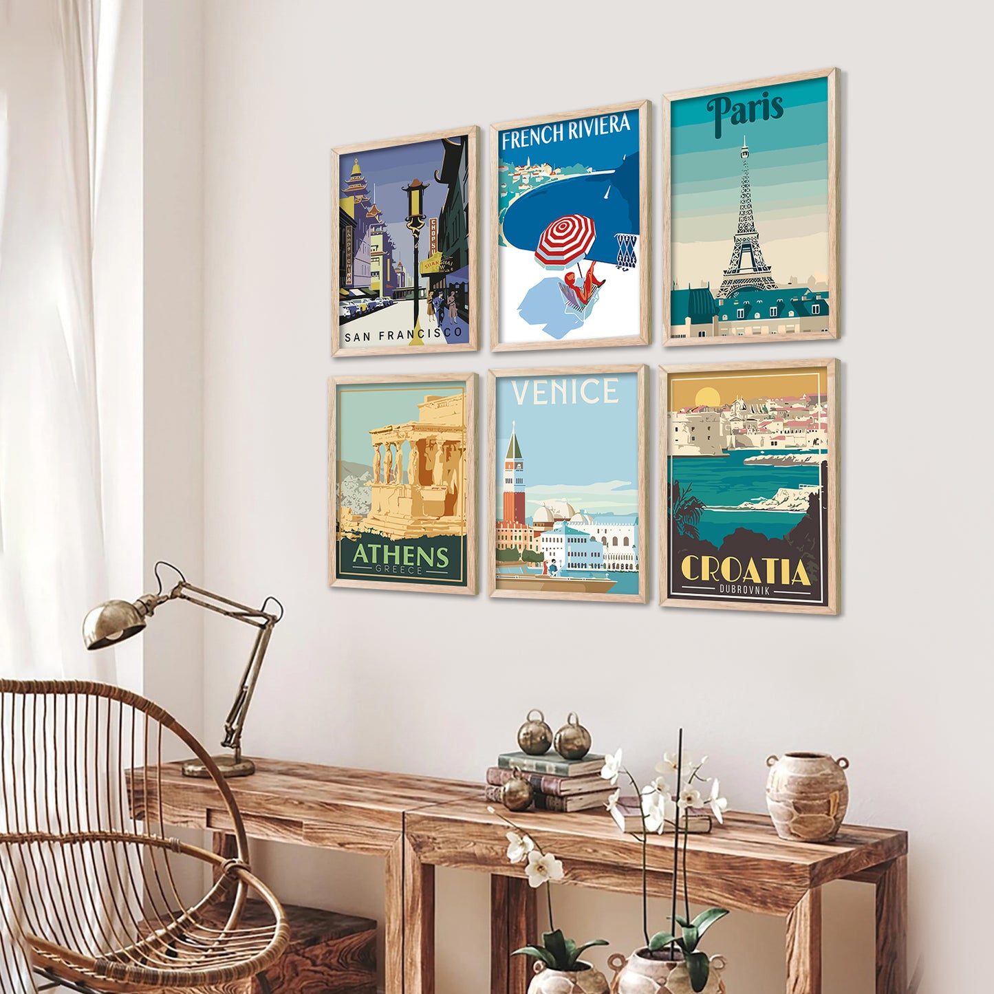 Travel Theme Iconic City View Retro Framed Posters for Wall Decor Set of 6