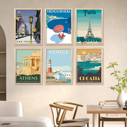 Travel Theme Iconic City View Retro Framed Posters for Wall Decor Set of 6