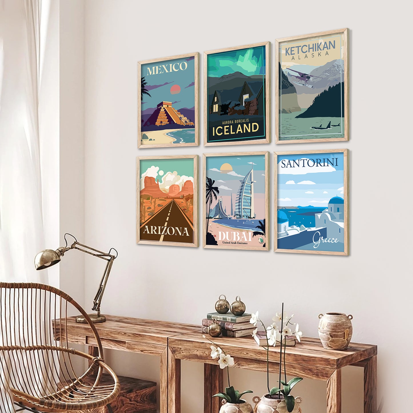 Travel Theme Iconic City View Retro Framed Posters for Wall Decor Set of 6