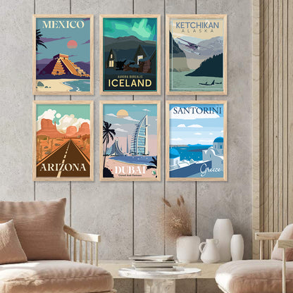 Travel Theme Iconic City View Retro Framed Posters for Wall Decor Set of 6