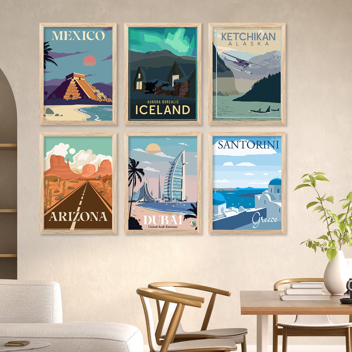 Travel Theme Iconic City View Retro Framed Posters for Wall Decor Set of 6