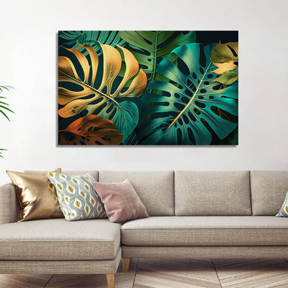 Luxury Green And Golden Leaf Canvas Painting for Wall Decor