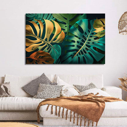 Luxury Green And Golden Leaf Canvas Painting for Wall Decor