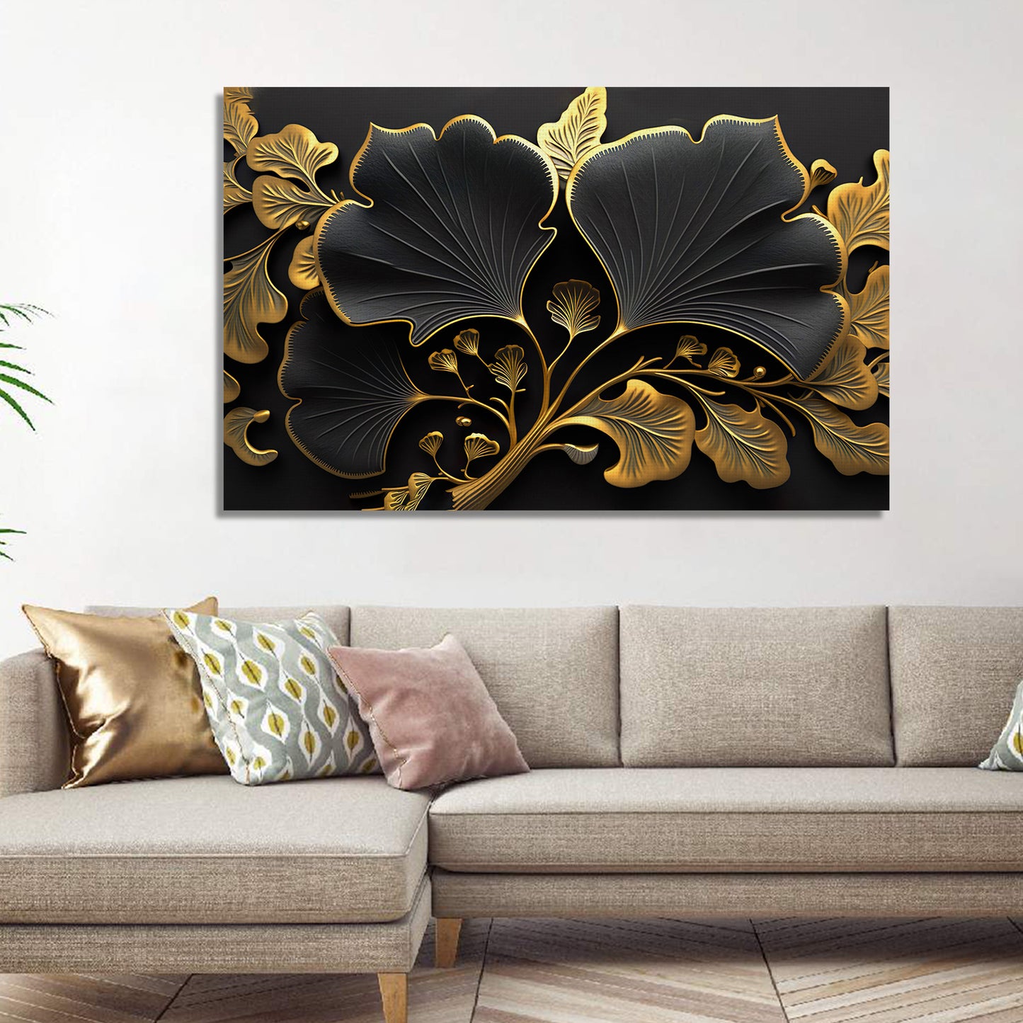 Luxury Black and Golden Flower Canvas Painting for Living Room Bedroom Home Wall Decor