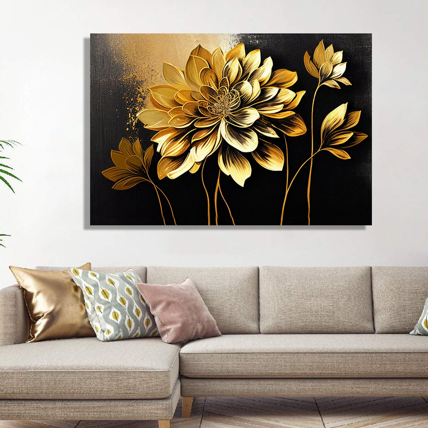 Golden Floral Art Painting for Wall Decor - Canvas Art for Living Room Bedroom Wall Decoration