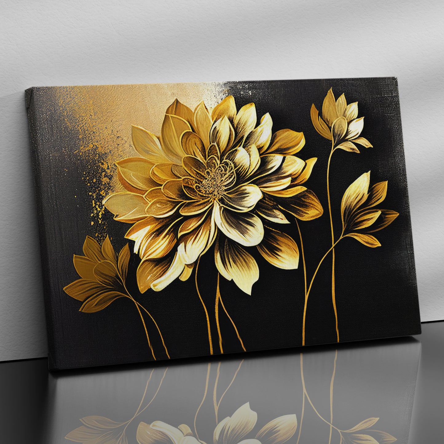 Golden Floral Art Painting for Wall Decor - Canvas Art for Living Room Bedroom Wall Decoration