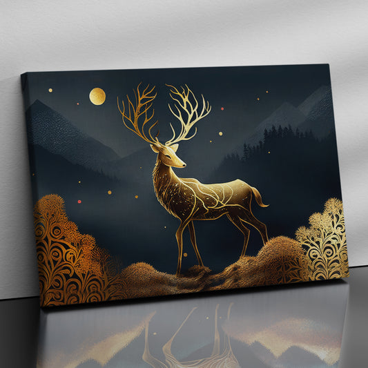 Nature Inspired Modern Deer Art Canvas Painting - Green and Golden