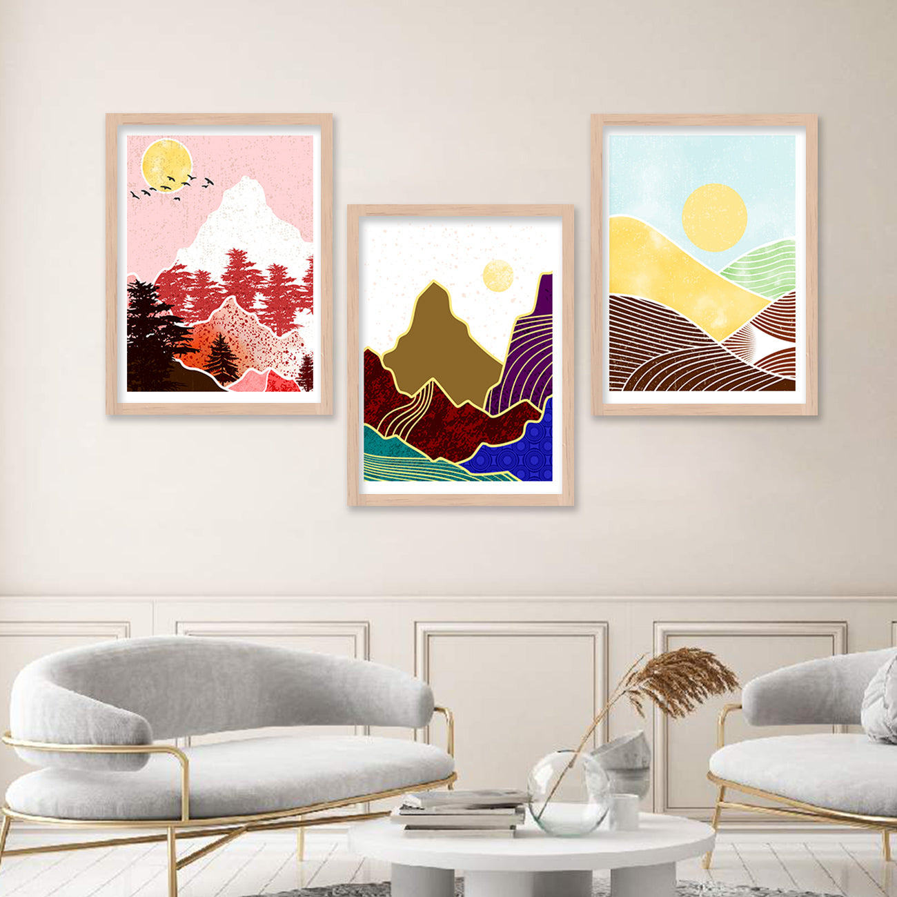 Wall Decor Modern Art Framed Wall Painting Poster for Living room Bedroom Office Gifts Home Decoration Frame In Beige (Set of 3) 11x14 Inches