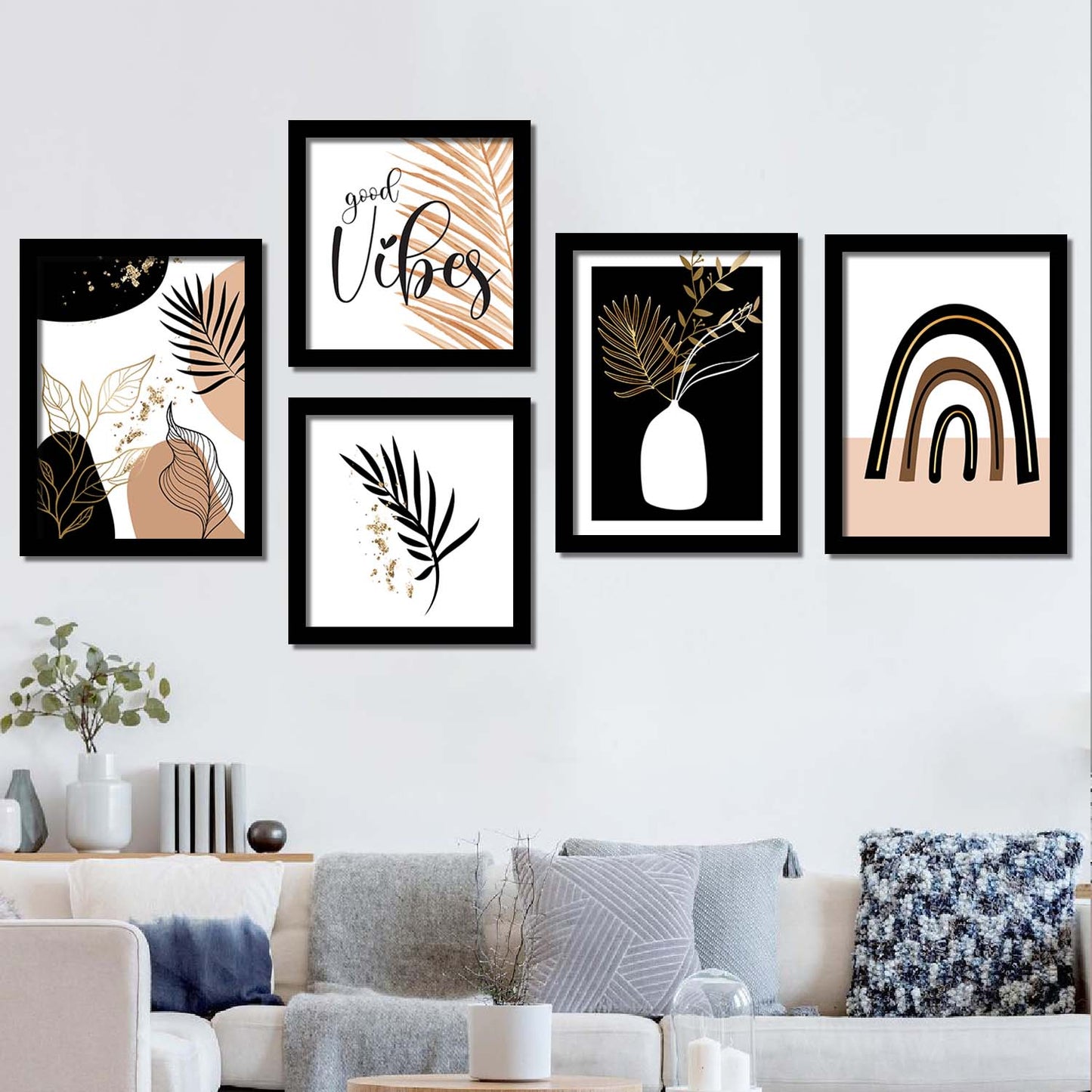 Wall Decor Modern Art Framed Wall Painting Poster for Living room Bedroom Office Gifts Home Decoration Frame In Beige (Set of 5) 11x14 Inches