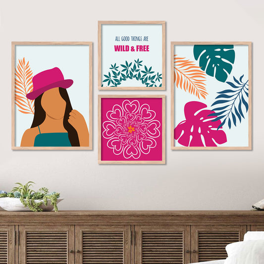 Wall Decor Framed Paintings For Living Room Bedroom - Framed Posters For Girls  (Set of 4) 11x14 Inches (Pattern 3)